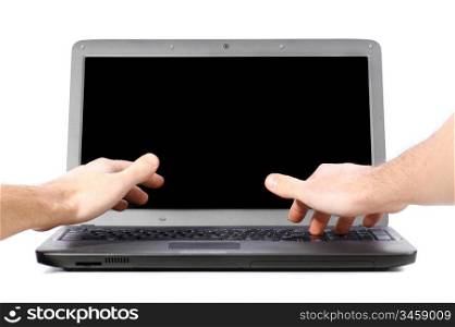 male hands are working on laptop, cut out from white