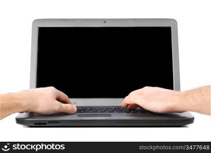 male hands are working on laptop, cut out from white