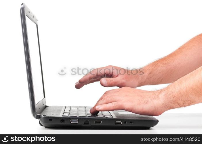 male hands are working on laptop cut out from white
