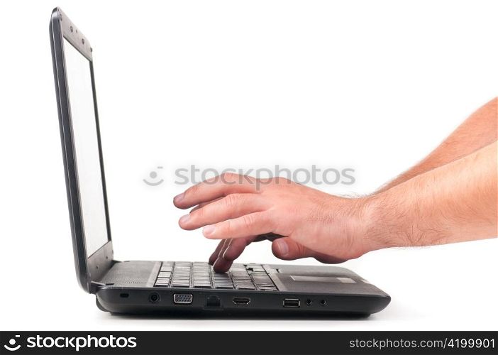 male hands are working on laptop cut out from white