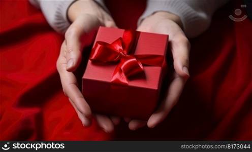 male hands holding a red gift box to a woman, female holiday gift generative ai.