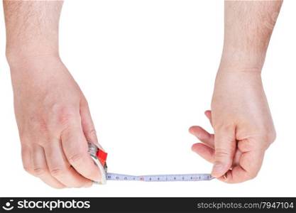 male hands with measuring tape line isolated on white background
