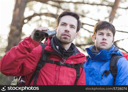 Male hikers with binoculars in forest