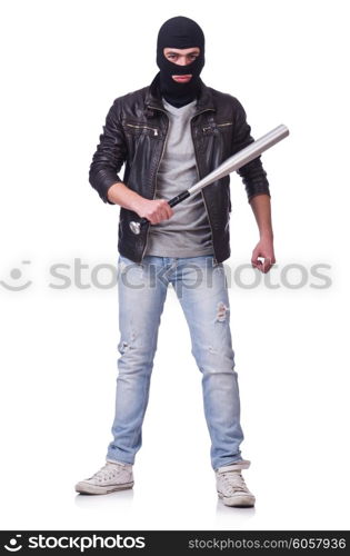 Male hooligan with bat on white