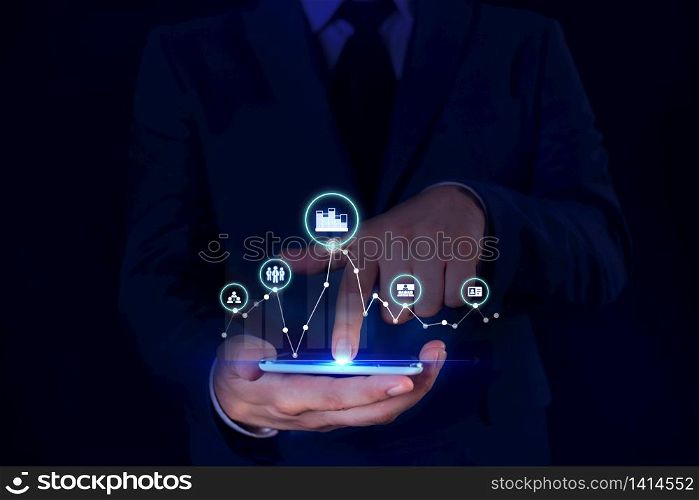 Male human wear formal work suit presenting presentation using smart device. Male human presenting a presentation using the latest sophisticated devices. Man wear formal working suit introducing how smart gadget works. photo of modern life.