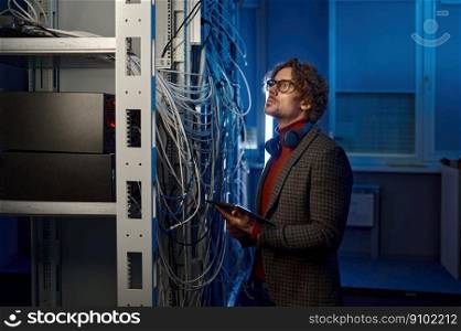 Male IT technical specialist makes a diagnosis in server room. Man engineer fixing cables near racks with computer equipment. Male IT technical specialist makes a diagnosis in server room