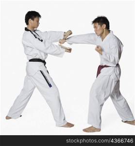 Male karate instructor teaching martial arts to a young man