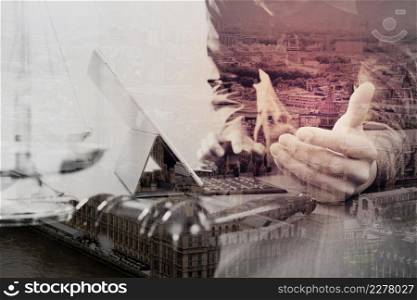 Male lawyer in office with the gavel,working with smart phone and digital tablet computer and brass scale on wood table,London city background,double exposure