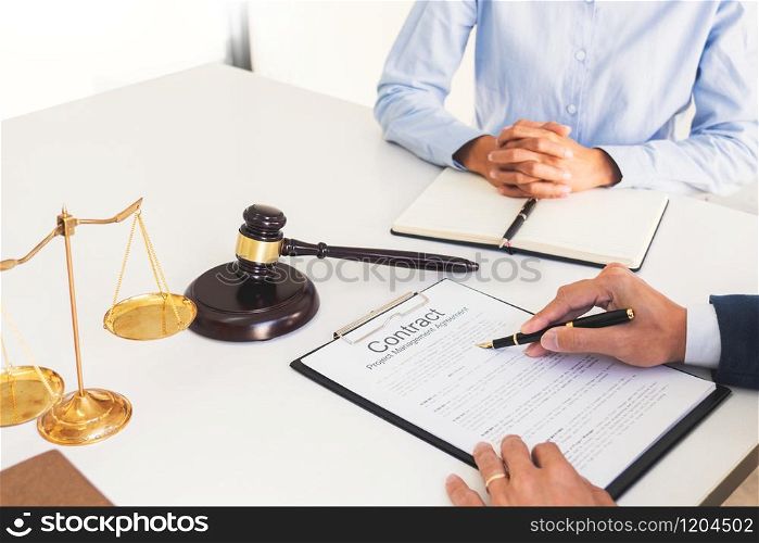 Male lawyer or judge consult with client check contract papers recommend legal proposals, Law services concept.