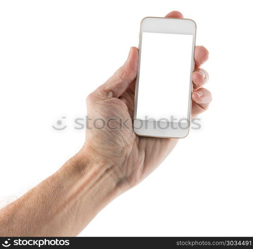 Male left hand holding smartphone with blank screen. Image of male left hand holding smartphone with screen isolated ready for insertion of your application or screenshot against white background. Male left hand holding smartphone with blank screen