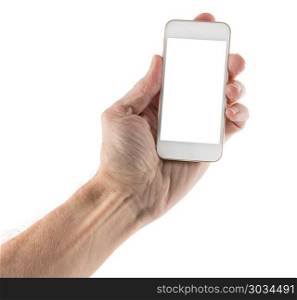 Male left hand holding smartphone with blank screen. Image of male left hand holding smartphone with screen isolated ready for insertion of your application or screenshot against white background. Male left hand holding smartphone with blank screen