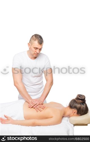 male masseur doing classical massage a girl isolated