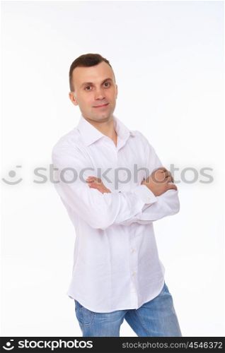 male model in jeans and white shirt isolated on white