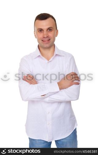 male model in jeans and white shirt isolated on white