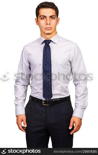 Male model with shirt isolated on white