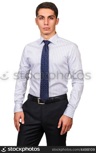 Male model with shirt isolated on white