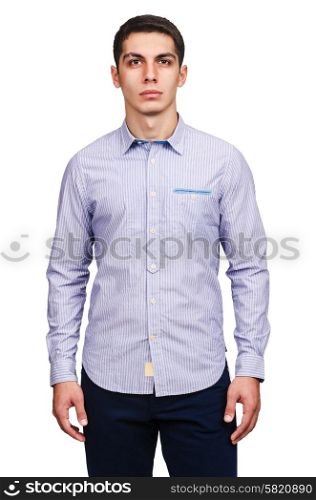 Male model with shirt isolated on white