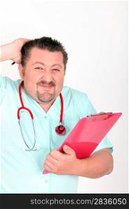 male nurse with red stethoscope and clipboard looking embarrassed