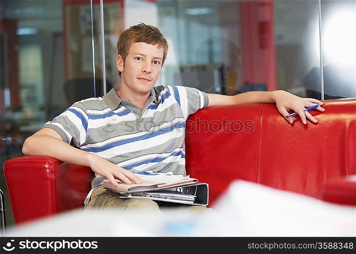 Male office worker sitting on sofa in office portrait