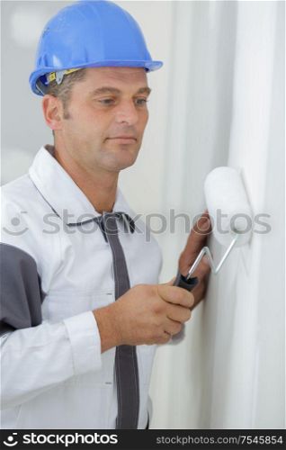 male painter using a roller on the wall