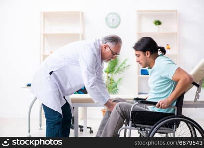 Male patient in wheel-chair visiting old doctor 