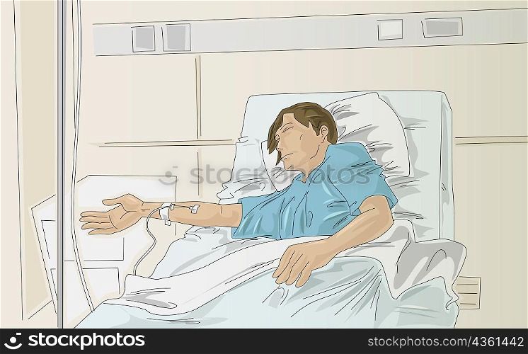 Male patient lying on a hospital bed