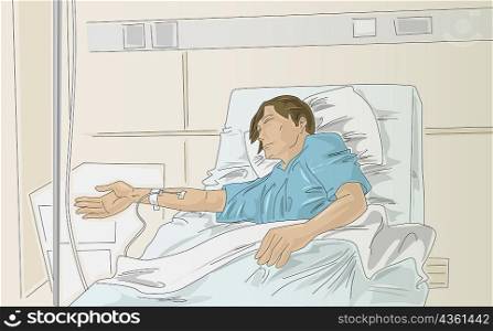 Male patient lying on a hospital bed