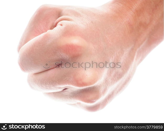 Male person showing a fist isolated towards white