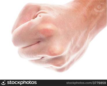 Male person showing a fist isolated towards white