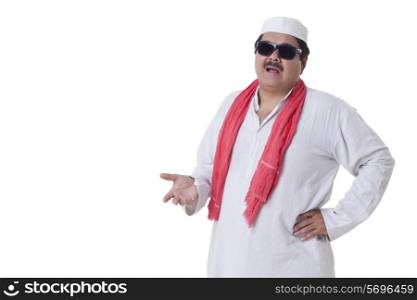 Male politician with hand gesture over white background