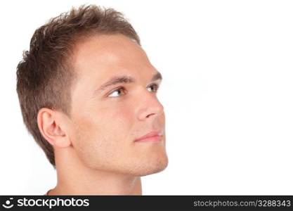 male portrait looking away deep in thought - isolated over a white background