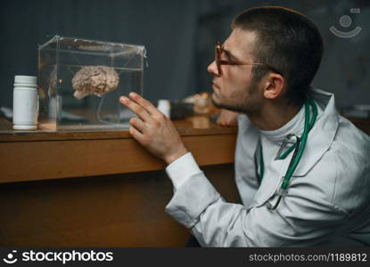 Male psychiatrist in lab coat holds container with the human brain, mental hospital. Doctor in clinic for the mentally ill. Psychiatrist holds container with the human brain