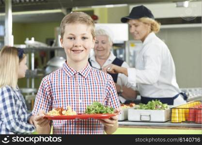 Male Pupil With Healthy Lunch In School Canteen