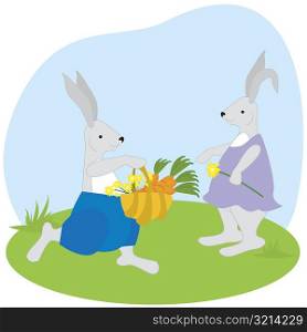 Male rabbit giving a basket of carrots and flowers to a female rabbit