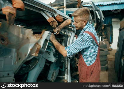 Male repairman poses on car junkyard. Auto scrap, vehicle junk, automobile garbage, abandoned, damaged and crushed transport. Male repairman poses on car junkyard