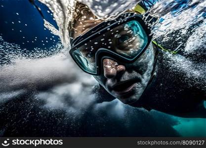 Male scuba diver underwater. Neural network AI generated art. Male scuba diver underwater. Neural network AI generated