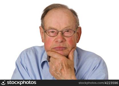 Male senior holding his chin isolated on white background.
