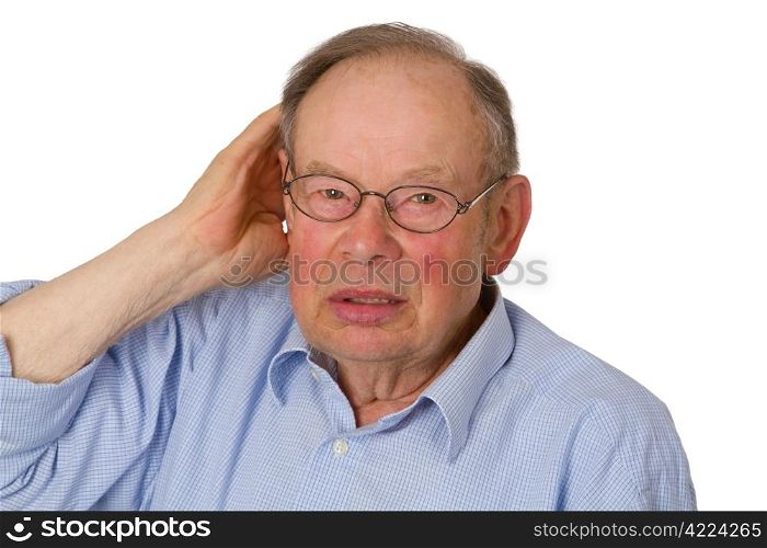 Male senior with hand on ear isolated on white background.