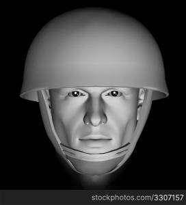 Male soldier head portrait with dramatic light on black background. 3d illustration.