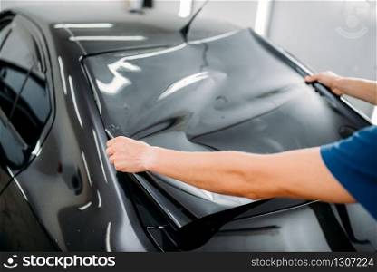 Male specialist with car tinting film in hands. Installation process, tinted auto glass installing procedure