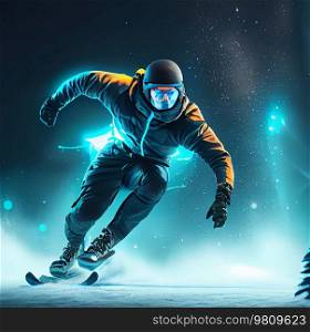 Male sportsman on snowboard in motion. Illustration AI Generative 