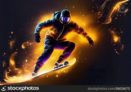 Male sportsman on snowboard in motion. Illustration AI Generative 