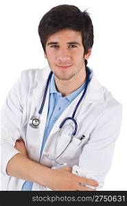 Male student doctor with stethoscope arms crossed on white background