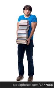 Male student with many books isolated on white