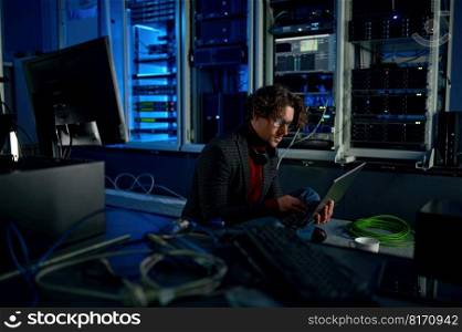 Male system administrator working in server room using laptop while inspecting in computer. Database management and maintenance concept. Male system administrator working in server room using laptop