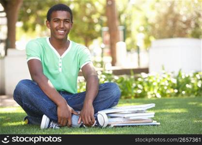 Male Teenage Student Studying In Park