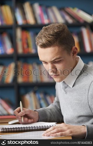 Male Teenage Student Working In Library