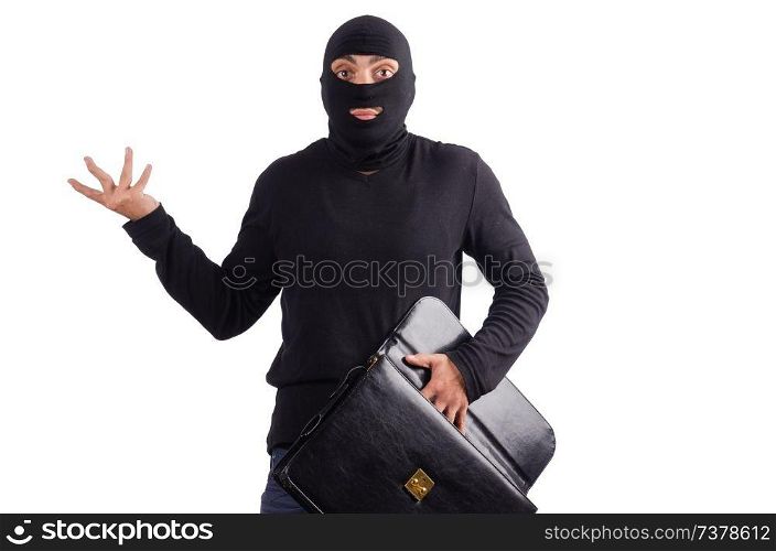 Male thief with suitcase isolated on white 