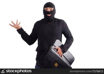 Male thief with suitcase isolated on white 