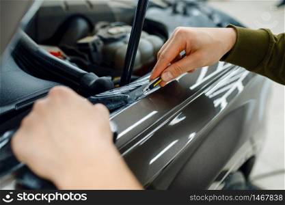 Male worker installs transparent protection film on car hood. Installation of coating that protects the paint of automobile from scratches. New vehicle in garage, tuning. Worker installs protection film on car hood